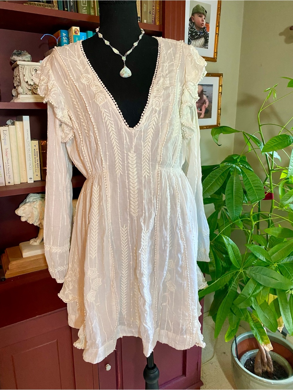 Free People White Embroidered Long-Sleeve Mini Dress